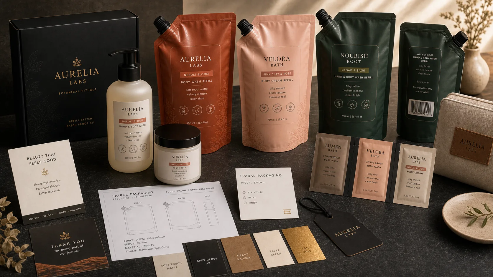 Premium cosmetic refill system proof table with printed refill pouches, bottle, jar, sachets, labels, carton, and Sparal Packaging proof card