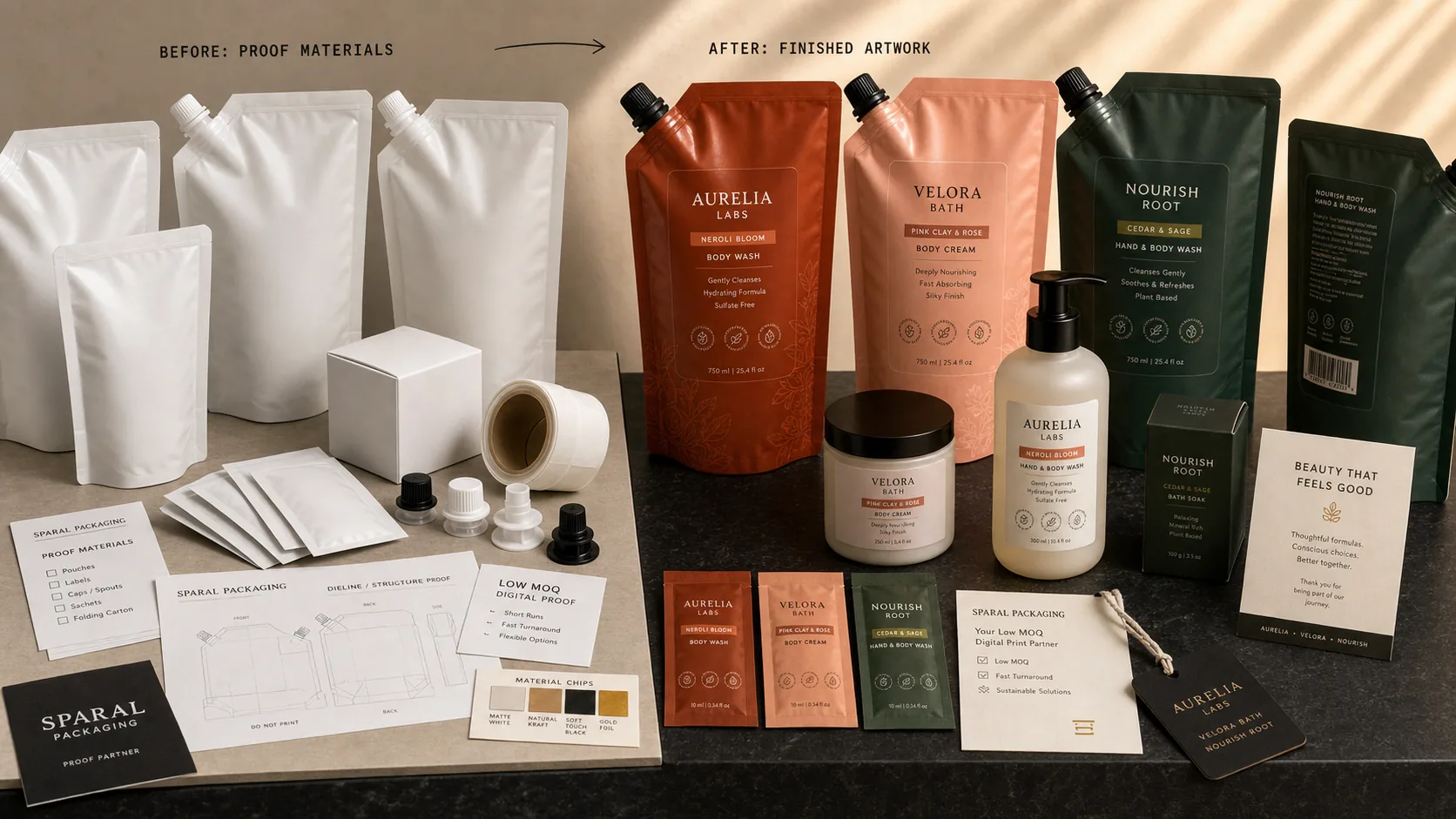 Cosmetic refill system with proof materials and finished printed pouches, bottles, labels, cartons, and samples