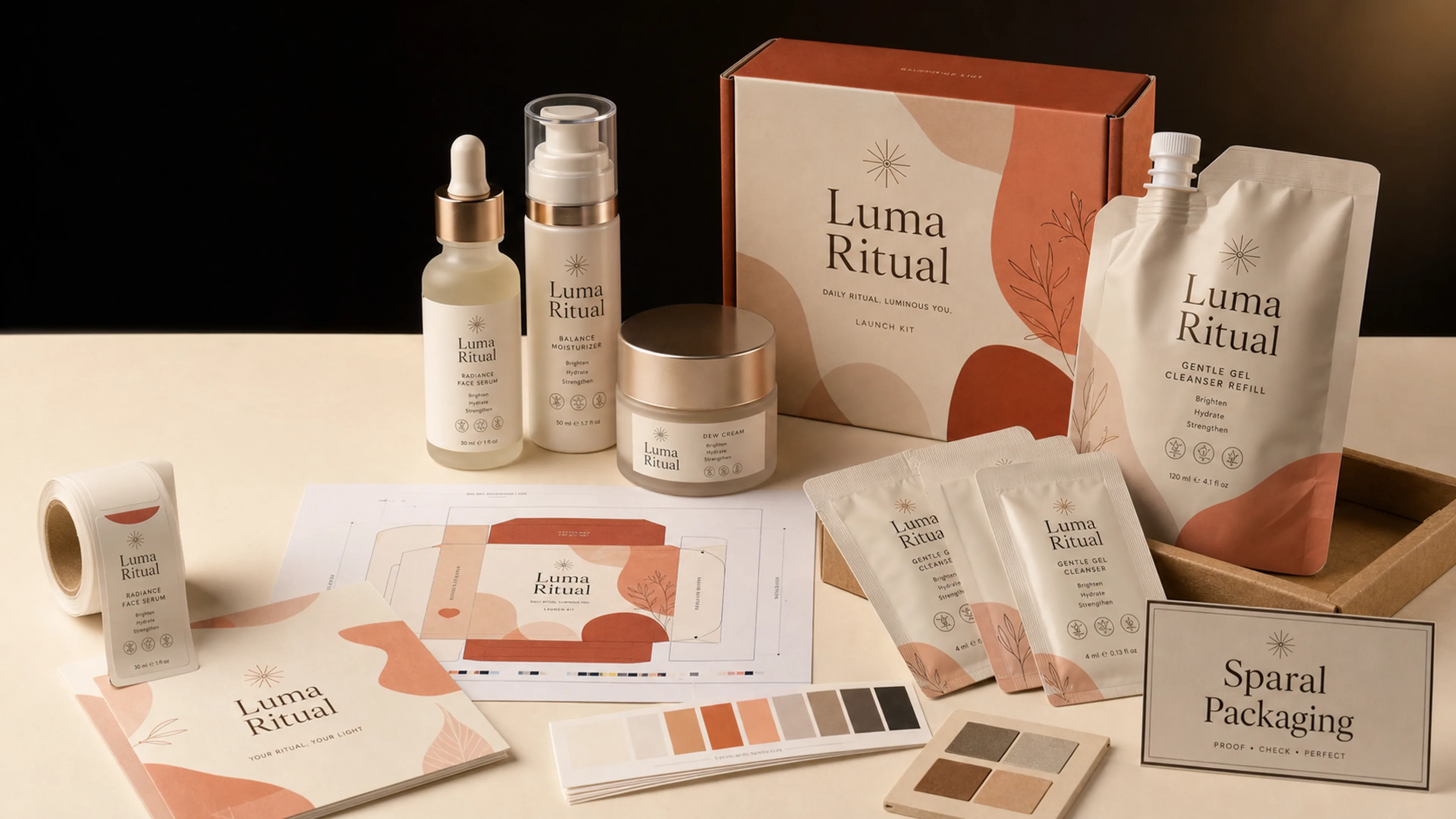 Low-MOQ beauty packaging launch kit with bottles, jar, refill pouch, labels, box, cards, samples, and Sparal Packaging proof card