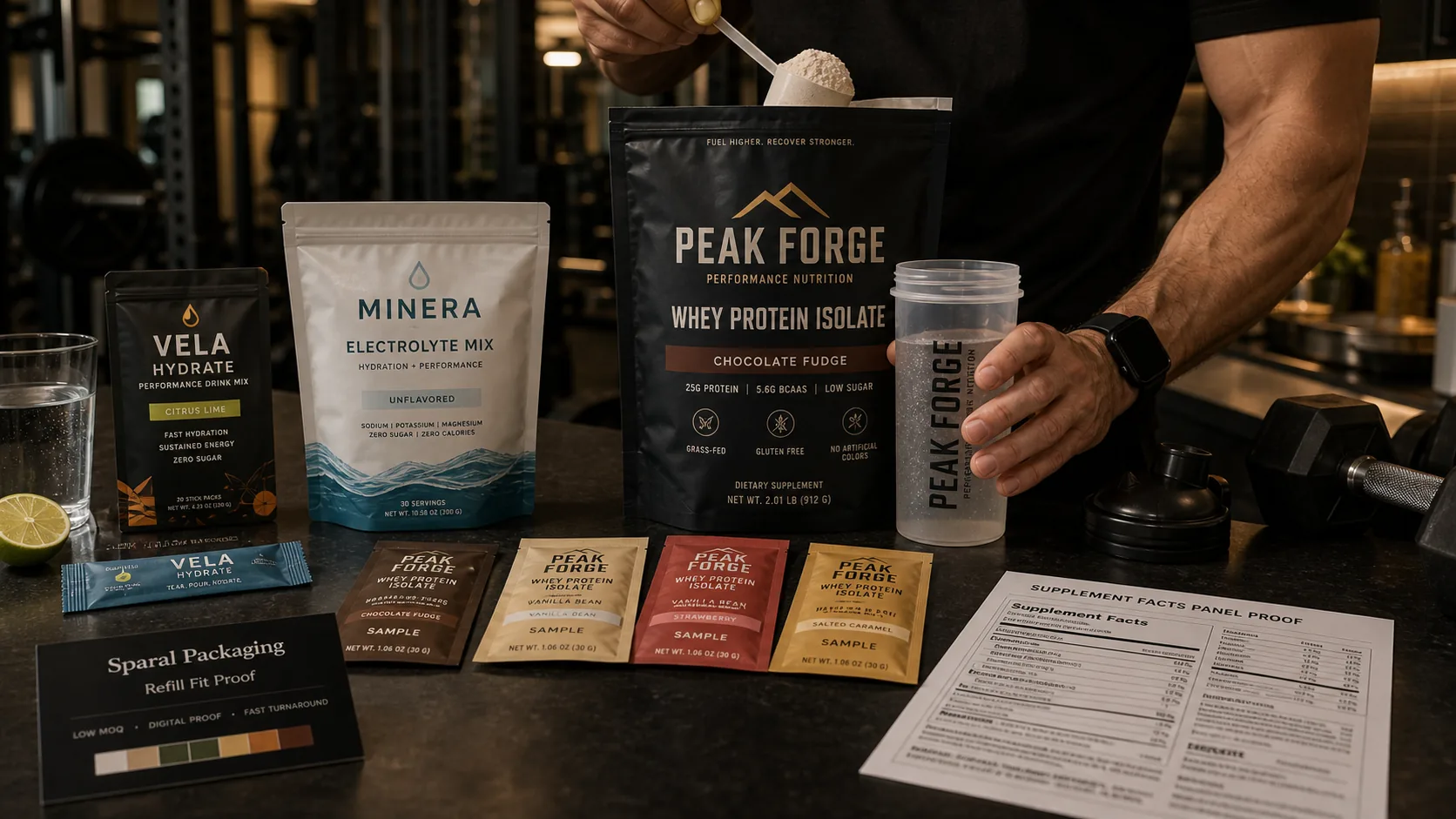 Low MOQ supplement packaging in a gym proof scene with protein pouch, shaker, hydration sticks, facts-panel sheet, and Sparal Packaging proof card.