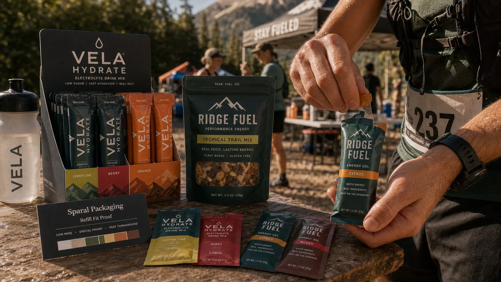 Athlete tearing open an energy gel stick pack at a trail aid station with hydration sticks, parent pouch, and Sparal Packaging sample proof card.