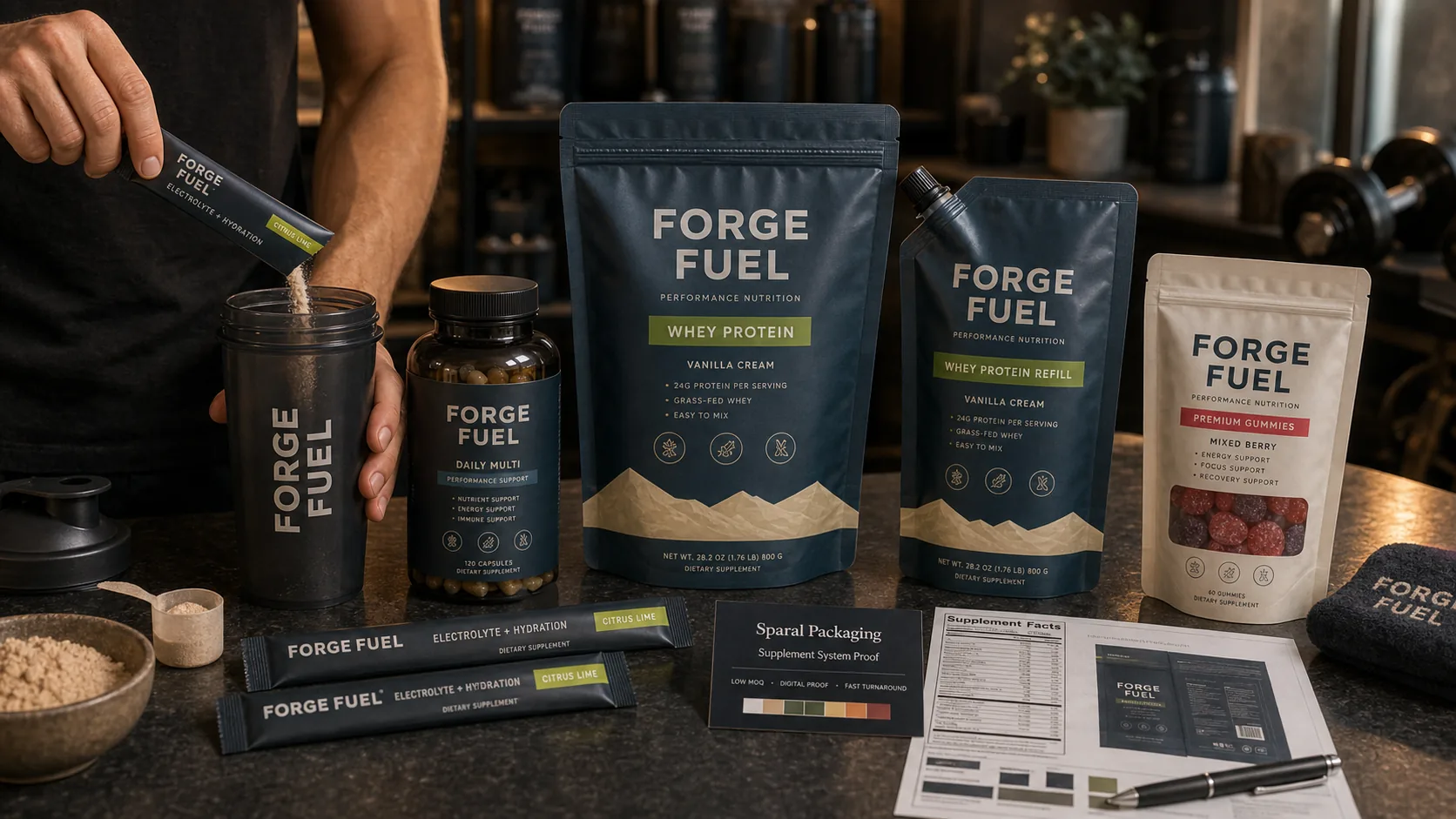 Supplement bottle and pouch system in a gym with protein pouch, refill pouch, gummy pouch, capsule bottle, stick packs, shaker, and Sparal Packaging proof card