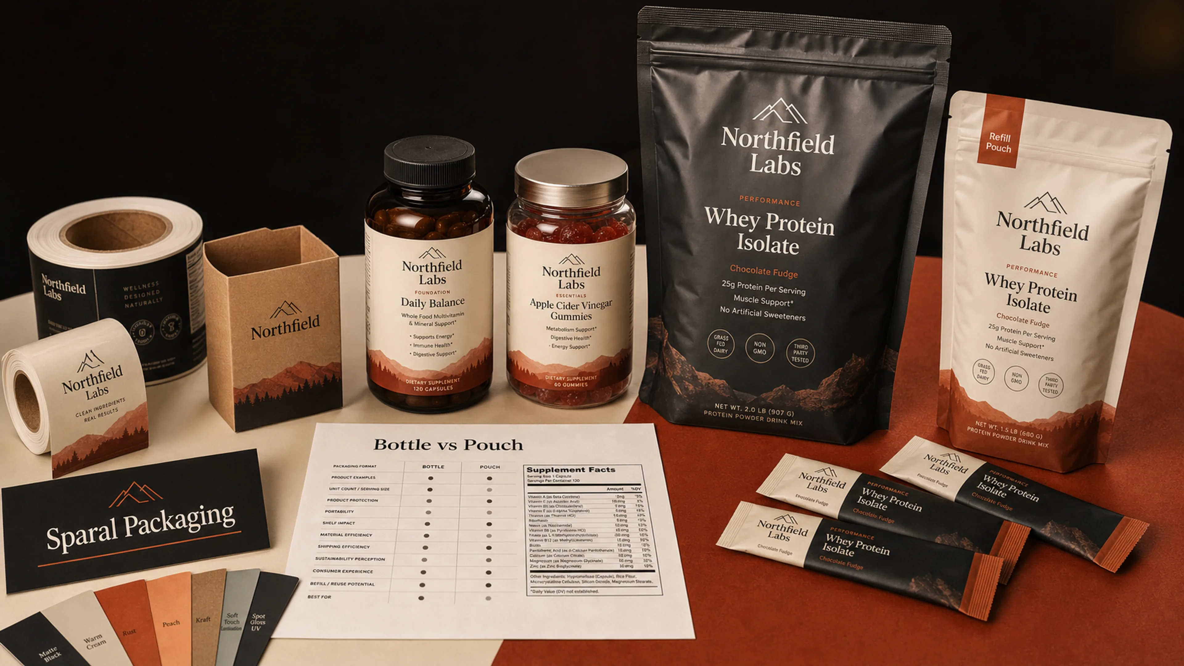 Supplement bottle and pouch system with bottles, jar, powder pouch, refill pouch, stick packs, labels, and Sparal Packaging proof card