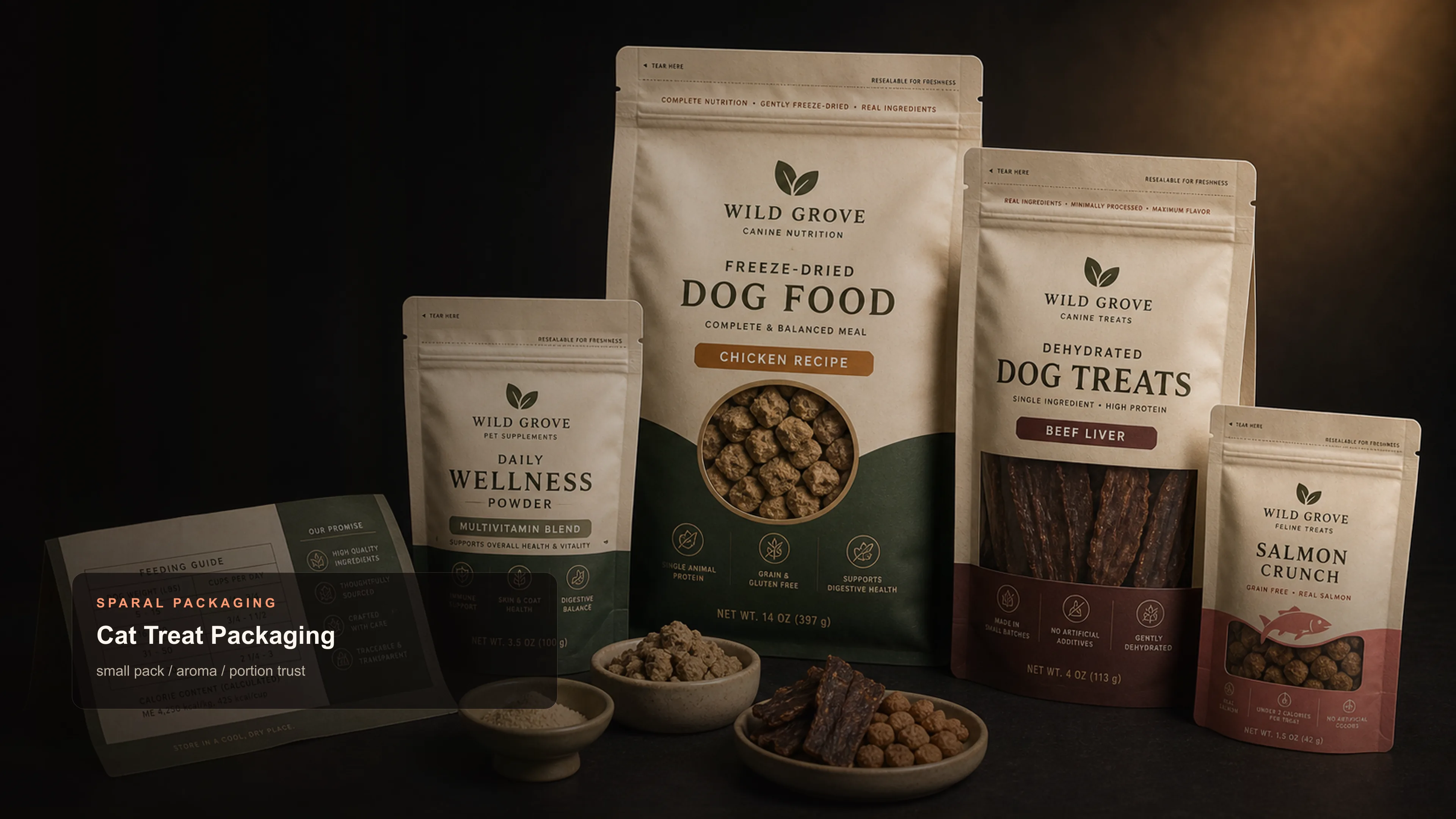 Cat treat packaging hero for Sparal Packaging with quote inputs, material decisions, and production review cues