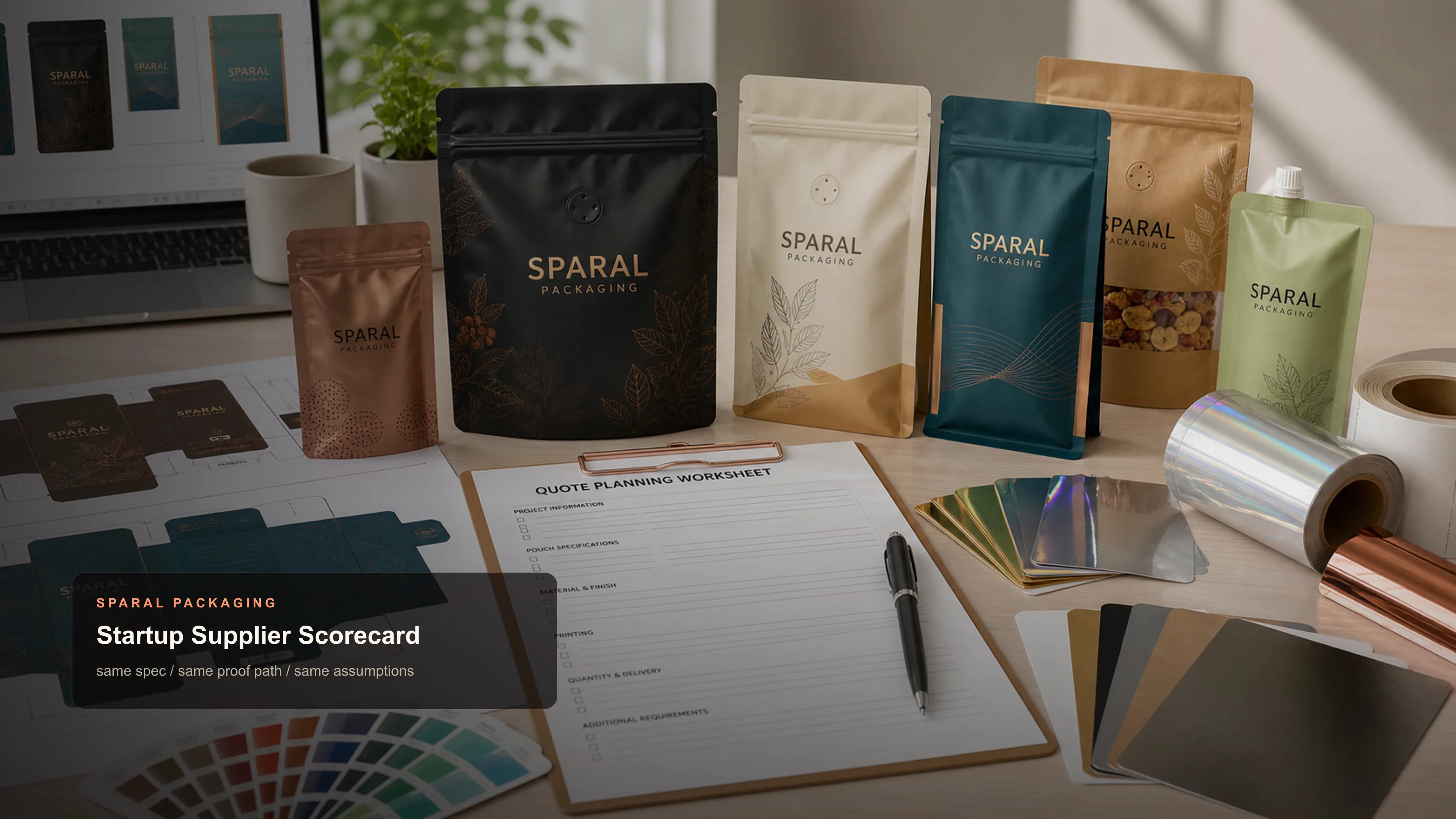 Custom packaging supplier for startups hero for Sparal Packaging with quote inputs, material decisions, and production review cues