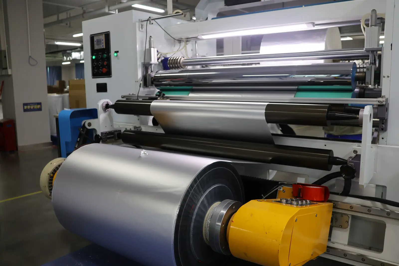 Custom-printed flexible film on Sparal Packaging's converting line